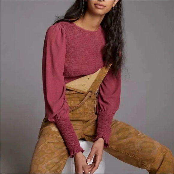 Anthropologie maroon wine smocked ruffle top S flaw - Picture 2 of 8